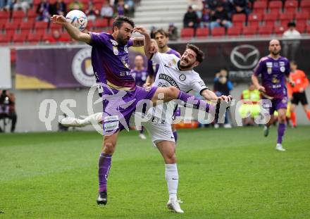 Fussball Bundesliga. SK Austria Klagenfurt gegen Sturm Graz. Kosmas Gkezos,  (Klagenfurt),   Otari Kitishvili  (Graz).  Klagenfurt, am 16.4.2023.
Foto: Kuess
---
pressefotos, pressefotografie, kuess, qs, qspictures, sport, bild, bilder, bilddatenbank