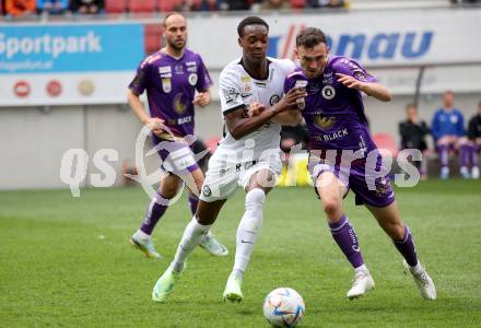 Fussball Bundesliga. SK Austria Klagenfurt gegen Sturm Graz.  Andrew Irving, (Klagenfurt),    Emmanuel Esseh Emegha  (Graz).  Klagenfurt, am 16.4.2023.
Foto: Kuess
---
pressefotos, pressefotografie, kuess, qs, qspictures, sport, bild, bilder, bilddatenbank