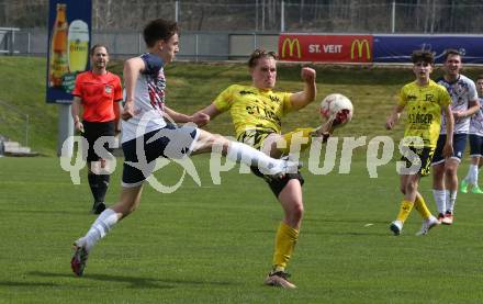 Fussball. Unterliga Ost. St. Veit  gegen Bad St. Leonhard.  Julian Hufnagl  (St. Veit),  Franz Steinkellner  (Bad St. Leonhard). St. Veit, 1.4.2023.
Foto: Kuess


---
pressefotos, pressefotografie, kuess, qs, qspictures, sport, bild, bilder, bilddatenbank