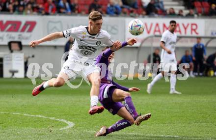 Fussball Bundesliga. SK Austria Klagenfurt gegen Sturm Graz.  Florian Rieder,  (Klagenfurt),    Alexander Prass (Graz).  Klagenfurt, am 16.4.2023.
Foto: Kuess
---
pressefotos, pressefotografie, kuess, qs, qspictures, sport, bild, bilder, bilddatenbank