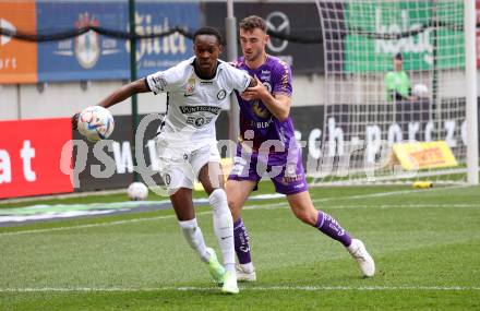 Fussball Bundesliga. SK Austria Klagenfurt gegen Sturm Graz. Andrew Irving,   (Klagenfurt),    Emmanuel Esseh Emegha (Graz).  Klagenfurt, am 16.4.2023.
Foto: Kuess
---
pressefotos, pressefotografie, kuess, qs, qspictures, sport, bild, bilder, bilddatenbank