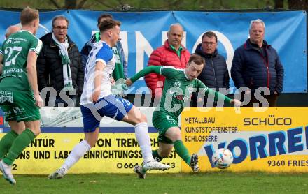 Fussball. Regionalliga. Treibach gegen DSV Leoben.  Manuel Primusch (Treibach),  Thomas Maier  (Leoben). Treibach, 21.4.2023.
Foto: Kuess


---
pressefotos, pressefotografie, kuess, qs, qspictures, sport, bild, bilder, bilddatenbank