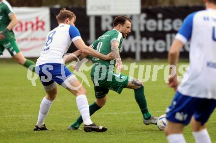 Fussball. Regionalliga. Treibach gegen DSV Leoben.  Lukas Urnik (Treibach),  Philipp Huetter  (Leoben). Treibach, 21.4.2023.
Foto: Kuess


---
pressefotos, pressefotografie, kuess, qs, qspictures, sport, bild, bilder, bilddatenbank