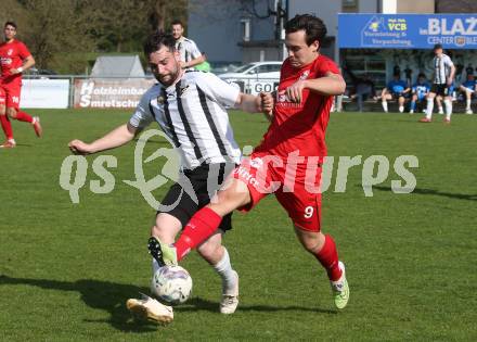 Fussball. Kaerntner Liga. Bleiburg gegen ATSV Wolfsberg.  Dominik Peketz  (Bleiburg),   Alexander Kainz (Wolfsberg). Bleiburg 22.4.2023.
Foto: Kuess


---
pressefotos, pressefotografie, kuess, qs, qspictures, sport, bild, bilder, bilddatenbank