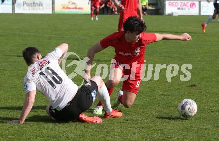 Fussball. Kaerntner Liga. Bleiburg gegen ATSV Wolfsberg.   Alen Martinovic (Bleiburg),    Alexander Kainz (Wolfsberg). Bleiburg 22.4.2023.
Foto: Kuess


---
pressefotos, pressefotografie, kuess, qs, qspictures, sport, bild, bilder, bilddatenbank