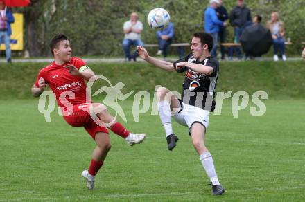 Fussball. Kaerntner Liga. Ferlach gegen Gmuend.  Dominik Mak   (Ferlach),  Sandro Unterkofler  (Gmuend). Ferlach 29.4.2023.
Foto: Kuess


---
pressefotos, pressefotografie, kuess, qs, qspictures, sport, bild, bilder, bilddatenbank