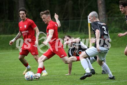 Fussball. Kaerntner Liga. Ferlach gegen Gmuend.  Hannes Marcel Schwarz  (Ferlach),  Maximilian Kohlmaier  (Gmuend). Ferlach 29.4.2023.
Foto: Kuess


---
pressefotos, pressefotografie, kuess, qs, qspictures, sport, bild, bilder, bilddatenbank