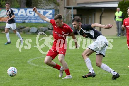 Fussball. Kaerntner Liga. Ferlach gegen Gmuend.  Hannes Marcel Schwarz  (Ferlach),    Juro Kovacic (Gmuend). Ferlach 29.4.2023.
Foto: Kuess


---
pressefotos, pressefotografie, kuess, qs, qspictures, sport, bild, bilder, bilddatenbank