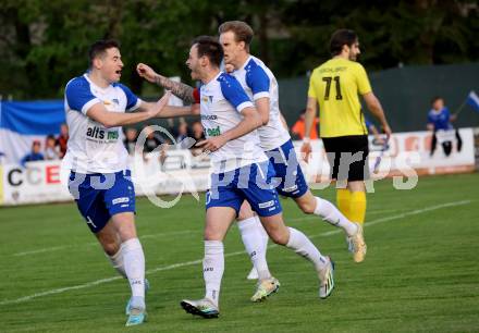 Fussball Rgionalliga. Treibach gegen Allerheiligen.   Torjubel Kevin Vaschauner , Mario Michael Kuester, Philipp Hoeberl (Treibach). Treibach 5.5.2023.
Foto: Kuess


---
pressefotos, pressefotografie, kuess, qs, qspictures, sport, bild, bilder, bilddatenbank