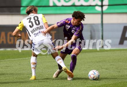 Fussball Bundesliga. SK Austria Klagenfurt gegen LASK.  Vesel Demaku, (Klagenfurt),    Keito Nakamura (LASK).  Klagenfurt, am 7.5.2023.
Foto: Kuess
---
pressefotos, pressefotografie, kuess, qs, qspictures, sport, bild, bilder, bilddatenbank