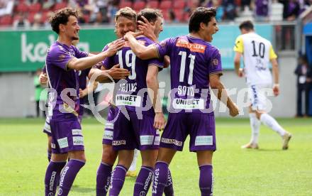 Fussball Bundesliga. SK Austria Klagenfurt gegen LASK.  Torjubel Andrew Irving, Sebastian Guerra Vesel Demaku (Klagenfurt). Klagenfurt, am 7.5.2023.
Foto: Kuess
---
pressefotos, pressefotografie, kuess, qs, qspictures, sport, bild, bilder, bilddatenbank
