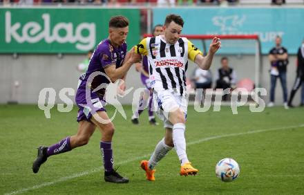 Fussball Bundesliga. SK Austria Klagenfurt gegen LASK.  Till Sebastian Schumacher, (Klagenfurt),  Florian Flecker   (LASK).  Klagenfurt, am 7.5.2023.
Foto: Kuess
---
pressefotos, pressefotografie, kuess, qs, qspictures, sport, bild, bilder, bilddatenbank
