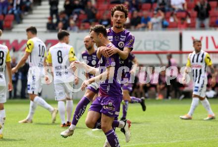 Fussball Bundesliga. SK Austria Klagenfurt gegen LASK.  Torjubel Andrew Irving, Vesel Demaku (Klagenfurt). Klagenfurt, am 7.5.2023.
Foto: Kuess
---
pressefotos, pressefotografie, kuess, qs, qspictures, sport, bild, bilder, bilddatenbank