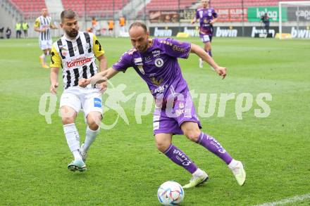 Fussball Bundesliga. SK Austria Klagenfurt gegen LASK. Rico Benatelli, (Klagenfurt),  Filip Stojkovic   (LASK).  Klagenfurt, am 7.5.2023.
Foto: Kuess
---
pressefotos, pressefotografie, kuess, qs, qspictures, sport, bild, bilder, bilddatenbank