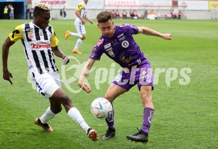 Fussball Bundesliga. SK Austria Klagenfurt gegen LASK.  Till Sebastian Schumacher,  (Klagenfurt),   Moses Usor (LASK).  Klagenfurt, am 7.5.2023.
Foto: Kuess
---
pressefotos, pressefotografie, kuess, qs, qspictures, sport, bild, bilder, bilddatenbank