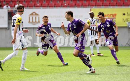 Fussball Bundesliga. SK Austria Klagenfurt gegen LASK.  Torjubel Andrew Irving, Sebastian Guerra Soto, Christopher Wernitznig (Klagenfurt). Klagenfurt, am 7.5.2023.
Foto: Kuess
---
pressefotos, pressefotografie, kuess, qs, qspictures, sport, bild, bilder, bilddatenbank