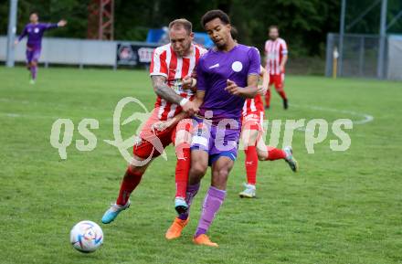 Fussball Kaerntner Liga. KAC gegen Austria Klagenfurt Amat. Andreas Bernhard Schritliser   (KAC),  Emilian Metu  (Austria Klagenfurt). Klagenfurt, 12.5.2023.
Foto: Kuess


---
pressefotos, pressefotografie, kuess, qs, qspictures, sport, bild, bilder, bilddatenbank