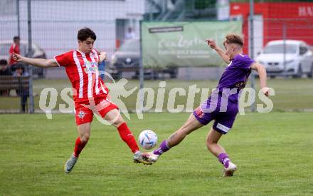 Fussball Kaerntner Liga. KAC gegen Austria Klagenfurt Amat.  Florijan Lampic  (KAC),    Dennis Meschnik (Austria Klagenfurt). Klagenfurt, 12.5.2023.
Foto: Kuess


---
pressefotos, pressefotografie, kuess, qs, qspictures, sport, bild, bilder, bilddatenbank