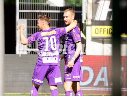 Fussball Bundesliga. SK Austria Klagenfurt gegen FK Austria Wien. Torjubel Fabian Miesenboeck, Florian Jaritz  (Klagenfurt).  Klagenfurt, am 21.5.2023.
Foto: Kuess
---
pressefotos, pressefotografie, kuess, qs, qspictures, sport, bild, bilder, bilddatenbank