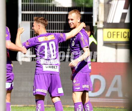 Fussball Bundesliga. SK Austria Klagenfurt gegen FK Austria Wien.  Torjubel Fabian Miesenboeck, Florian Jaritz (Klagenfurt).  Klagenfurt, am 21.5.2023.
Foto: Kuess
---
pressefotos, pressefotografie, kuess, qs, qspictures, sport, bild, bilder, bilddatenbank