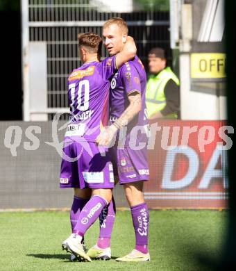 Fussball Bundesliga. SK Austria Klagenfurt gegen FK Austria Wien. Torjubel Fabian Miesenboeck, Florian Jaritz  (Klagenfurt).  Klagenfurt, am 21.5.2023.
Foto: Kuess
---
pressefotos, pressefotografie, kuess, qs, qspictures, sport, bild, bilder, bilddatenbank