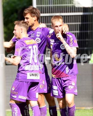 Fussball Bundesliga. SK Austria Klagenfurt gegen FK Austria Wien.  Torjubel Fabian Miesenboeck, Florian Jaritz, Thorsten Mahrer (Klagenfurt).  Klagenfurt, am 21.5.2023.
Foto: Kuess
---
pressefotos, pressefotografie, kuess, qs, qspictures, sport, bild, bilder, bilddatenbank