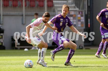 Fussball Bundesliga. SK Austria Klagenfurt gegen FK Austria Wien.  Christopher Cvetko,  (Klagenfurt),  Andreas Gruber  (Wien).  Klagenfurt, am 21.5.2023.
Foto: Kuess
---
pressefotos, pressefotografie, kuess, qs, qspictures, sport, bild, bilder, bilddatenbank