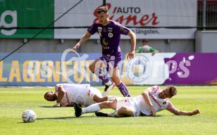 Fussball Bundesliga. SK Austria Klagenfurt gegen FK Austria Wien.  Andrew Irving, (Klagenfurt),    James Robert Holland, Marvin Martins Santos Da Graca  (Wien).  Klagenfurt, am 21.5.2023.
Foto: Kuess
---
pressefotos, pressefotografie, kuess, qs, qspictures, sport, bild, bilder, bilddatenbank