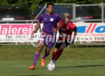 Fussball Kaerntner Liga. SK Austria Klagenfurt gegen Spittal.   Alexander Fuchs (Austria Klagenfurt), Tristan Bruekk (Spittal). Brueckl, am 27.5.2023.
Foto: Kuess



---
pressefotos, pressefotografie, kuess, qs, qspictures, sport, bild, bilder, bilddatenbank