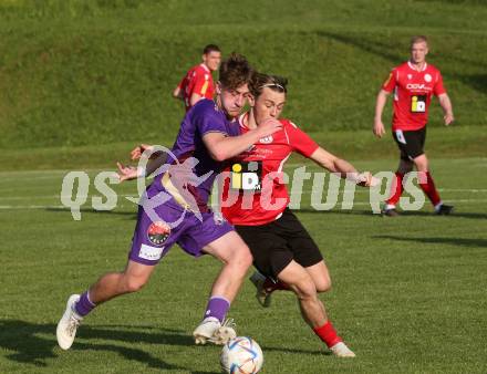 Fussball Kaerntner Liga. SK Austria Klagenfurt gegen Spittal.  Moritz Berg (Austria Klagenfurt),  Jonas Oswald (Spittal). Brueckl, am 27.5.2023.
Foto: Kuess



---
pressefotos, pressefotografie, kuess, qs, qspictures, sport, bild, bilder, bilddatenbank