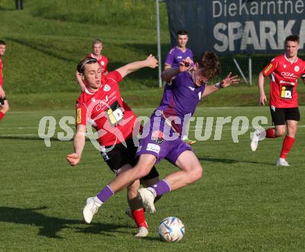 Fussball Kaerntner Liga. SK Austria Klagenfurt gegen Spittal. Moritz Berg  (Austria Klagenfurt),  Jonas Oswald (Spittal). Brueckl, am 27.5.2023.
Foto: Kuess



---
pressefotos, pressefotografie, kuess, qs, qspictures, sport, bild, bilder, bilddatenbank