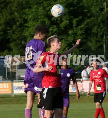 Fussball Kaerntner Liga. SK Austria Klagenfurt gegen Spittal.  Alexander Fuchs (Austria Klagenfurt), Tristan Bruekk (Spittal). Brueckl, am 27.5.2023.
Foto: Kuess



---
pressefotos, pressefotografie, kuess, qs, qspictures, sport, bild, bilder, bilddatenbank