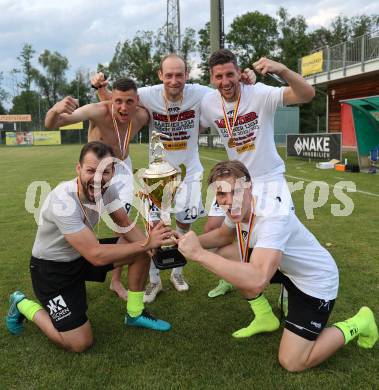 Fussball Kaerntner Liga. ASK gegen Lendorf. Meisterfeier  Niko Maric, Danijel Micic, Seid Zukic, Michael Fasching, Bernhard Walter Noessler (ASK).  KLagenfurt, am 2.6.2023.
Foto: Kuess



---
pressefotos, pressefotografie, kuess, qs, qspictures, sport, bild, bilder, bilddatenbank