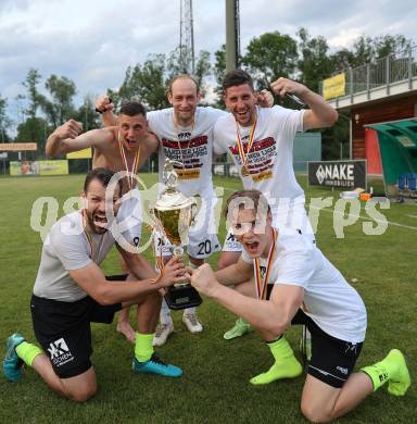 Fussball Kaerntner Liga. ASK gegen Lendorf. Meisterfeier  Niko Maric, Danijel Micic, Seid Zukic, Michael Fasching, Bernhard Walter Noessler (ASK).  KLagenfurt, am 2.6.2023.
Foto: Kuess



---
pressefotos, pressefotografie, kuess, qs, qspictures, sport, bild, bilder, bilddatenbank