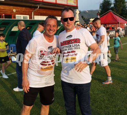 Fussball Kaerntner Liga. ASK gegen Lendorf. Meisterfeier  Co-Trainer Dieter Schmied, Trainer Dietmar Thuller (ASK).  KLagenfurt, am 2.6.2023.
Foto: Kuess



---
pressefotos, pressefotografie, kuess, qs, qspictures, sport, bild, bilder, bilddatenbank