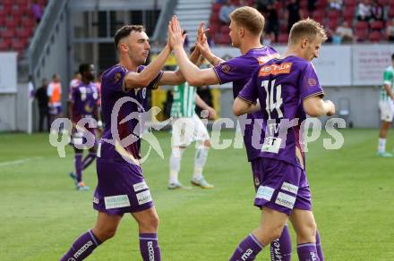 Fussball Bundesliga. SK Austria Klagenfurt gegen SK Rapid Wien.  Torjubel Andrew Irving, Jonas Arweiler (Klagenfurt). Klagenfurt, am 3.6.2023.
Foto: Kuess
---
pressefotos, pressefotografie, kuess, qs, qspictures, sport, bild, bilder, bilddatenbank