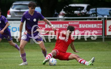 Fussball Kaerntner Liga. SK Austria KLagenfurt Amateure gegen ATSV Wolfsberg. Josip Pejic  (Austria Klagenfurt),  Bastian Rupp  (Wolfsberg). Brueckl, am 9.6.2023.
Foto: Kuess



---
pressefotos, pressefotografie, kuess, qs, qspictures, sport, bild, bilder, bilddatenbank