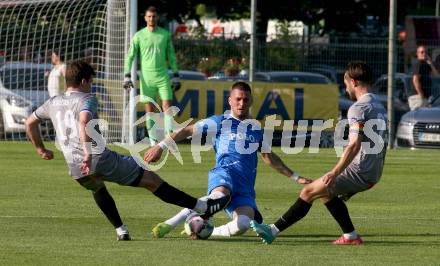 Fussball KFV Cup. SAK gegen Dellach/Gail. Zoran Vukovic (SAK),  Philipp Werner Kofler, Maximilian Wastian  (Dellach). Klagenfurt, am 17.6.2023.
Foto: Kuess



---
pressefotos, pressefotografie, kuess, qs, qspictures, sport, bild, bilder, bilddatenbank
