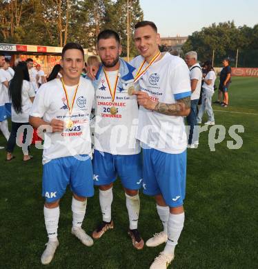 Fussball KFV Cup. SAK gegen Dellach/Gail. Luka Vukovic, Uros Palibrk, Marko Gajic  (SAK). Klagenfurt, am 17.6.2023.
Foto: Kuess



---
pressefotos, pressefotografie, kuess, qs, qspictures, sport, bild, bilder, bilddatenbank