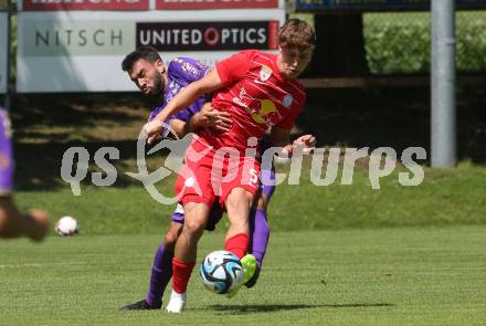 Fussball Bundesliga. Testspiel. Sk Austria KLagenfurt gegen Liefering.  Kosdmas Gkezos, (Austria),  Philip Verhounig  (Liefering). Gmuend, am 7.7. 2023.
Foto: Kuess



---
pressefotos, pressefotografie, kuess, qs, qspictures, sport, bild, bilder, bilddatenbank