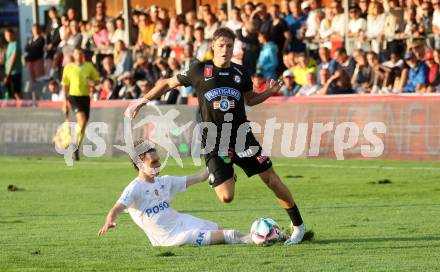 Fussball OEFB Cup. SAK gegen Sturm Graz. Jan Sasa Ogris-Martic,  (SAK), Alexander Prass    (Sturm Graz). KLagenfurt, am 22.7.2023.
Foto: Kuess






---
pressefotos, pressefotografie, kuess, qs, qspictures, sport, bild, bilder, bilddatenbank