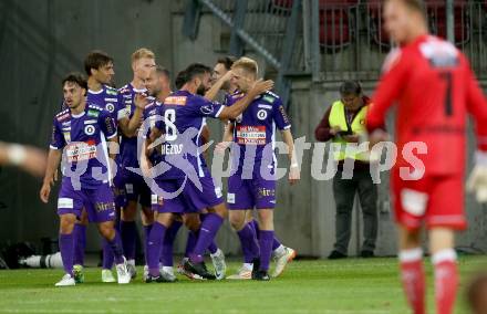 Fussball Bundesliga. SK Austria Klagenfurt gegen WAC.   Torjubel Christopher Cvetko (Klagenfurt).  Klagenfurt, am 9.8.2023.
Foto: Kuess
---
pressefotos, pressefotografie, kuess, qs, qspictures, sport, bild, bilder, bilddatenbank