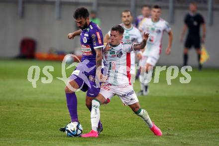 Fussball Bundesliga. SK Austria Klagenfurt gegen WAC.  Kosmas Gkezos, (Klagenfurt),    Florian Rieder   (WAC).  Klagenfurt, am 9.8.2023.
Foto: Kuess
---
pressefotos, pressefotografie, kuess, qs, qspictures, sport, bild, bilder, bilddatenbank
