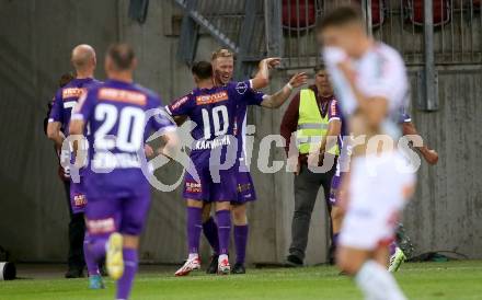 Fussball Bundesliga. SK Austria Klagenfurt gegen WAC  Torjubel Christopher CVetko, Sinan Karweina (Klagenfurt).  Klagenfurt, am 9.8.2023.
Foto: Kuess
---
pressefotos, pressefotografie, kuess, qs, qspictures, sport, bild, bilder, bilddatenbank