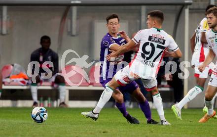 Fussball Bundesliga. SK Austria Klagenfurt gegen WAC.   Till Schumacher, (Klagenfurt),     Adis Jasic (WAC).  Klagenfurt, am 9.8.2023.
Foto: Kuess
---
pressefotos, pressefotografie, kuess, qs, qspictures, sport, bild, bilder, bilddatenbank