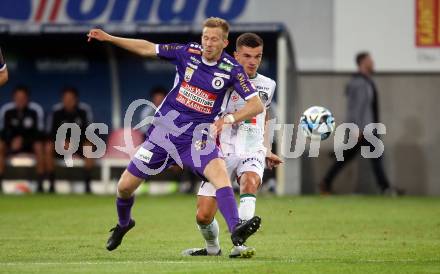 Fussball Bundesliga. SK Austria Klagenfurt gegen WAC.  Christopher Cvetko, (Klagenfurt),    Adis Jasic  (WAC).  Klagenfurt, am 9.8.2023.
Foto: Kuess
---
pressefotos, pressefotografie, kuess, qs, qspictures, sport, bild, bilder, bilddatenbank