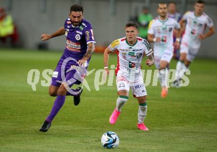 Fussball Bundesliga. SK Austria Klagenfurt gegen WAC.   Kosmas Gkezos, (Klagenfurt),    Florian Rieder (WAC).  Klagenfurt, am 9.8.2023.
Foto: Kuess
---
pressefotos, pressefotografie, kuess, qs, qspictures, sport, bild, bilder, bilddatenbank