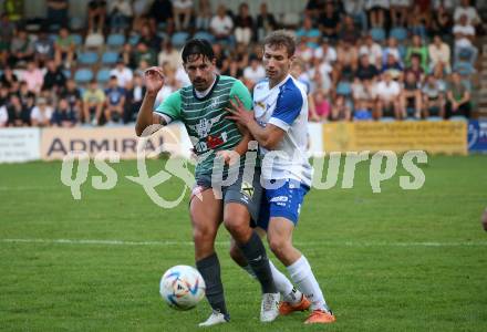 Fussball Kaerntner Liga. Treibach gegen Voelkermarkt.  Lukas Maximilian Pippan  (Treibach),   Daniel Horst Ramsauer  (Voelkermarkt). Treibach, am 18.8.2023.
Foto: Kuess
---
pressefotos, pressefotografie, kuess, qs, qspictures, sport, bild, bilder, bilddatenbank