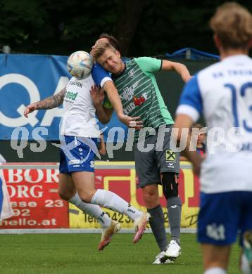 Fussball Kaerntner Liga. Treibach gegen Voelkermarkt.   Kevin Vaschauner  (Treibach),     Daniel Ulrich Primusch (Voelkermarkt). Treibach, am 18.8.2023.
Foto: Kuess
---
pressefotos, pressefotografie, kuess, qs, qspictures, sport, bild, bilder, bilddatenbank