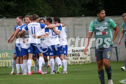 Fussball Kaerntner Liga. Treibach gegen Voelkermarkt.  Torjubel  (Treibach). Treibach, am 18.8.2023.
Foto: Kuess
---
pressefotos, pressefotografie, kuess, qs, qspictures, sport, bild, bilder, bilddatenbank